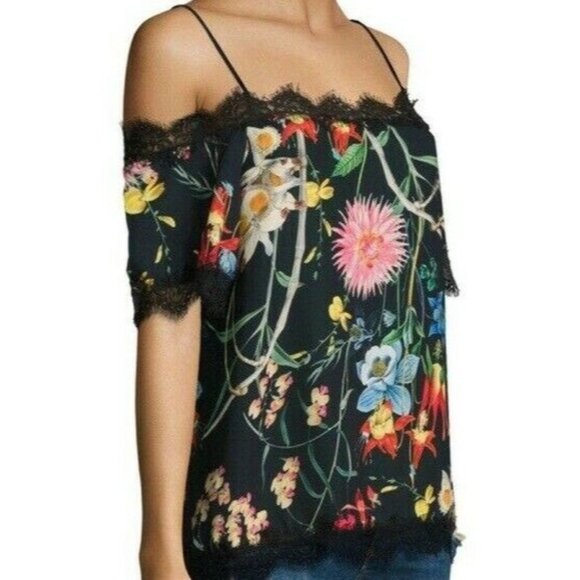 Delfi collective Floral Print Square Neckline Lace Detail Off Shoulder Blouse S - Picture 1 of 8